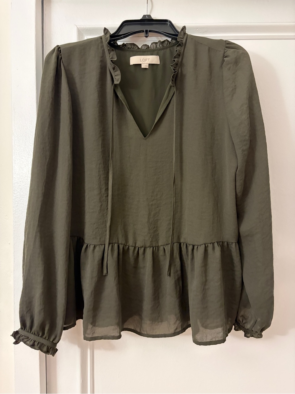 LOFT Olive Green Ruffle Peplum Top with V-Neck
